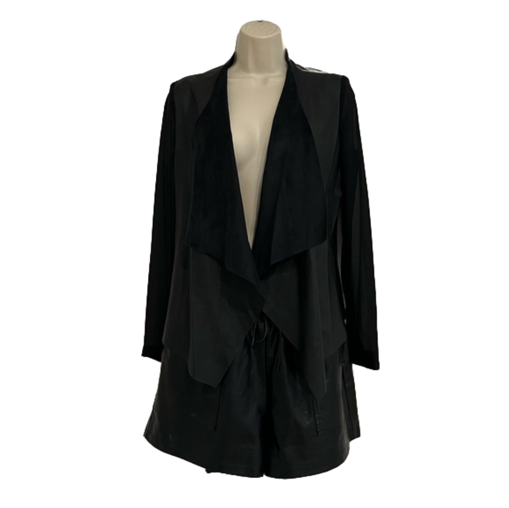 Zara black faux leather + suede jacket with sheer sleeves. Size XS